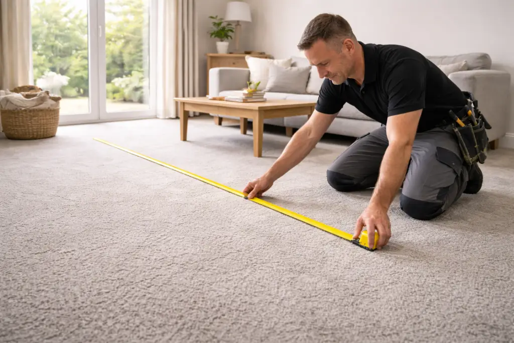carpet fitter measuring a living room during a home flooring visit