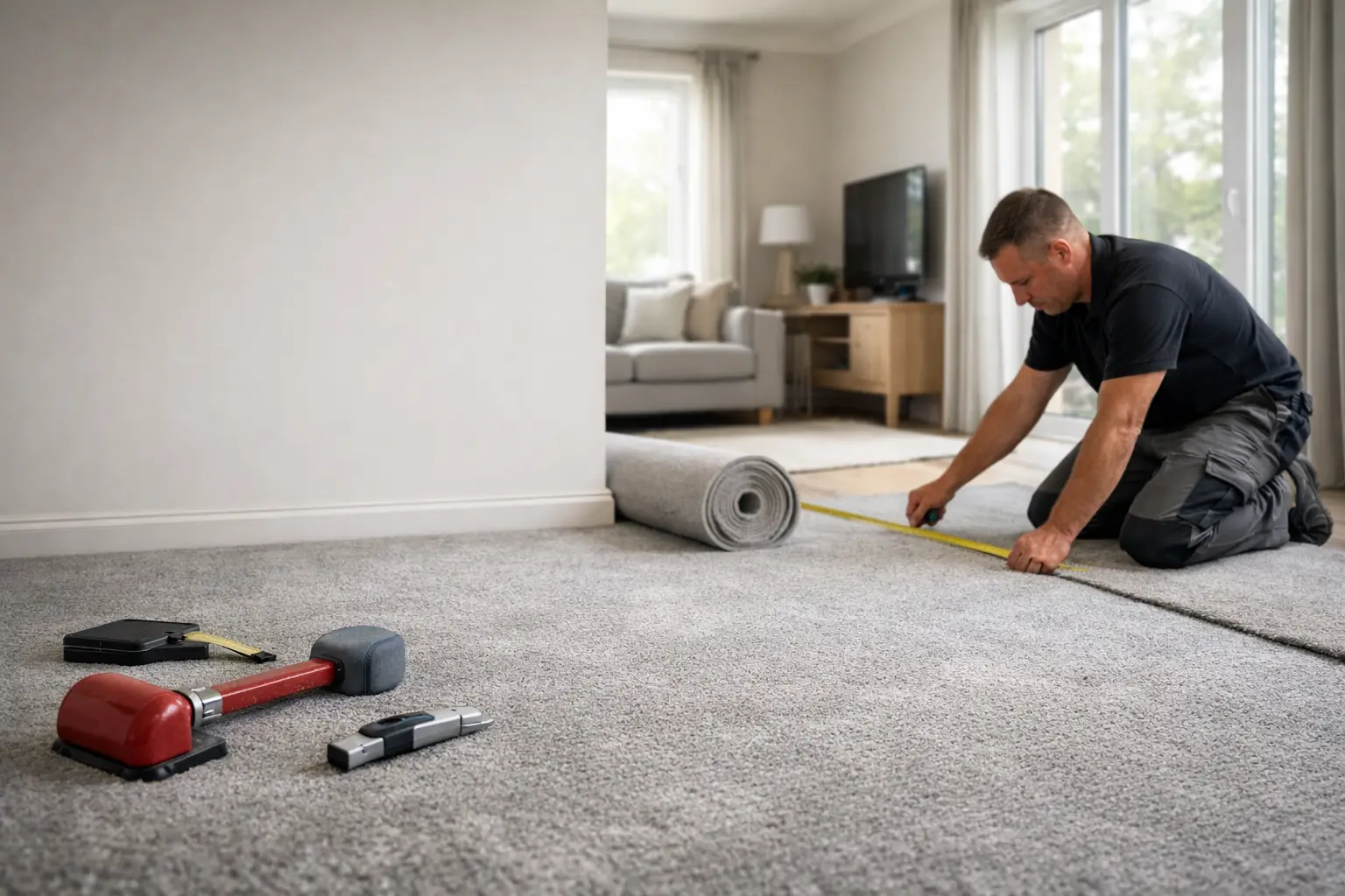 Carpet fitter measuring a living room before installing new carpet