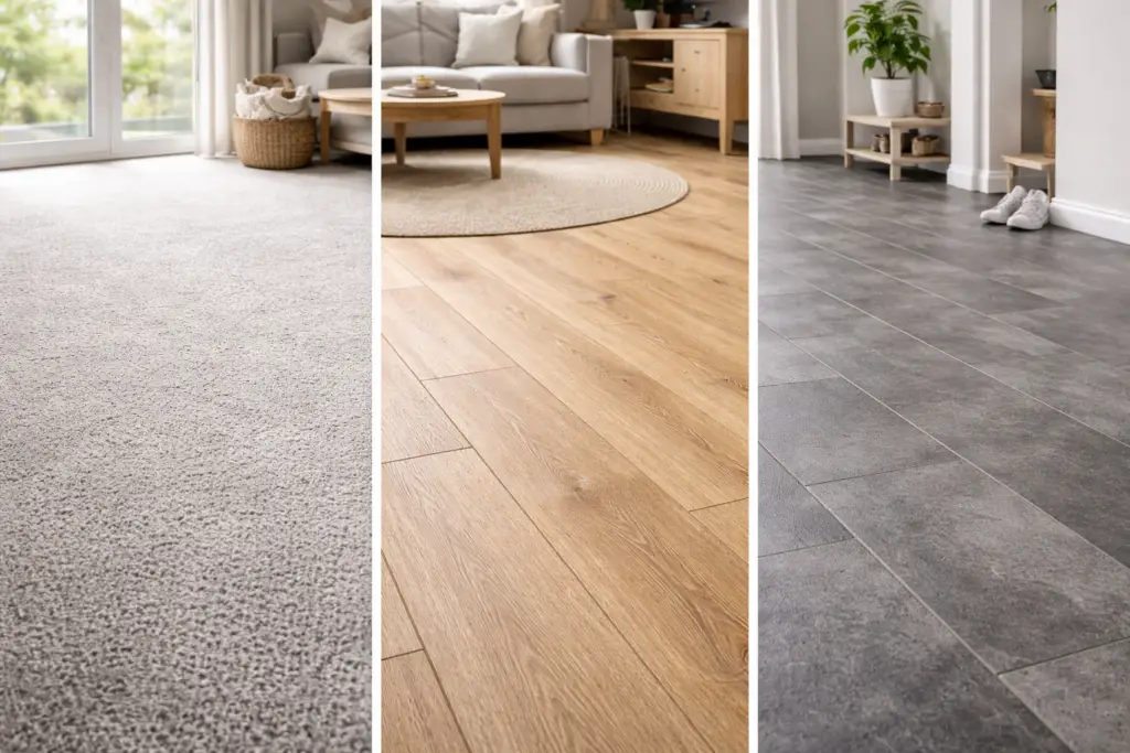 comparison of carpet laminate and vinyl flooring in a modern home