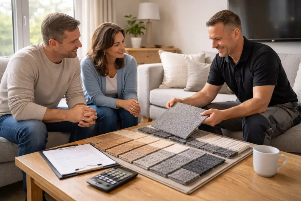carpet fitter showing carpet samples during a home flooring visit