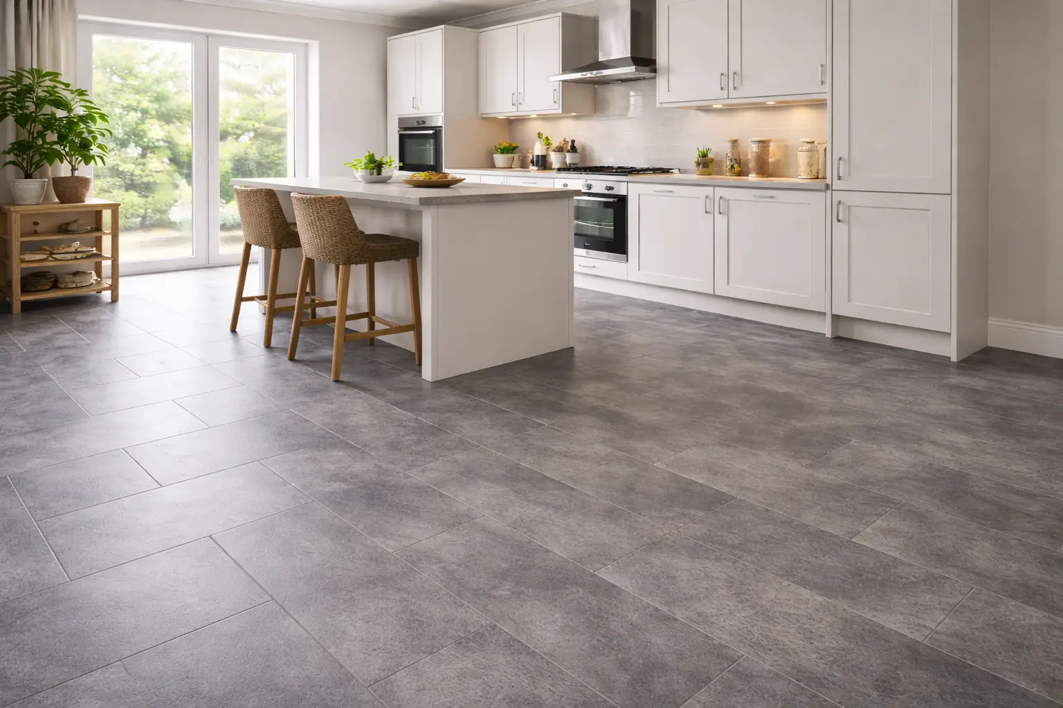 modern kitchen with grey vinyl flooring installed